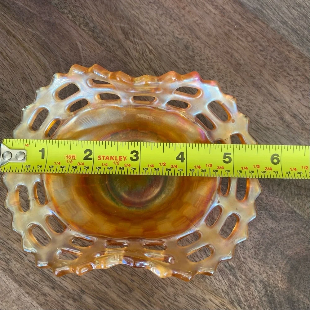 Set Of 2 Vintage Carnival Glass Basket Weave Marigold Dish with Lattice Edge - Picture 11 of 12